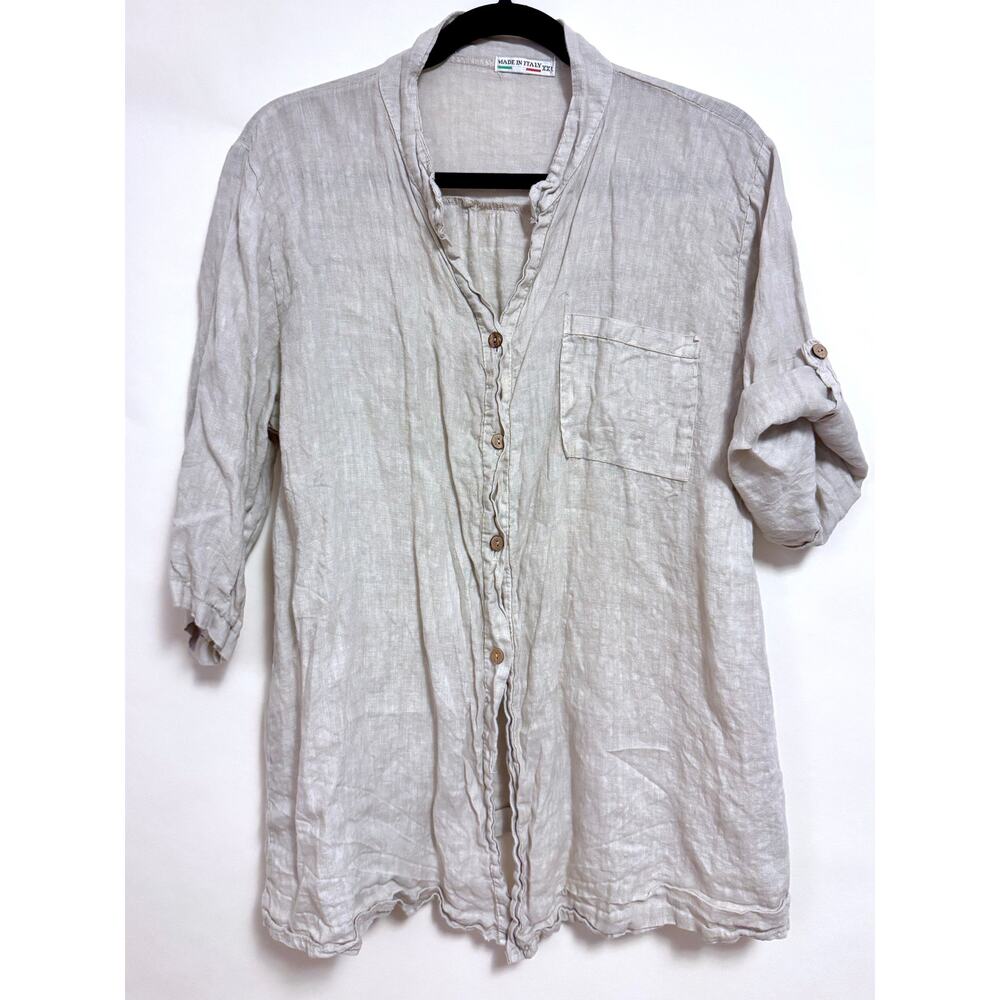 Made in Italy Natural Linen Stand Collar Button Down Top XXL Lagenlook Coastal